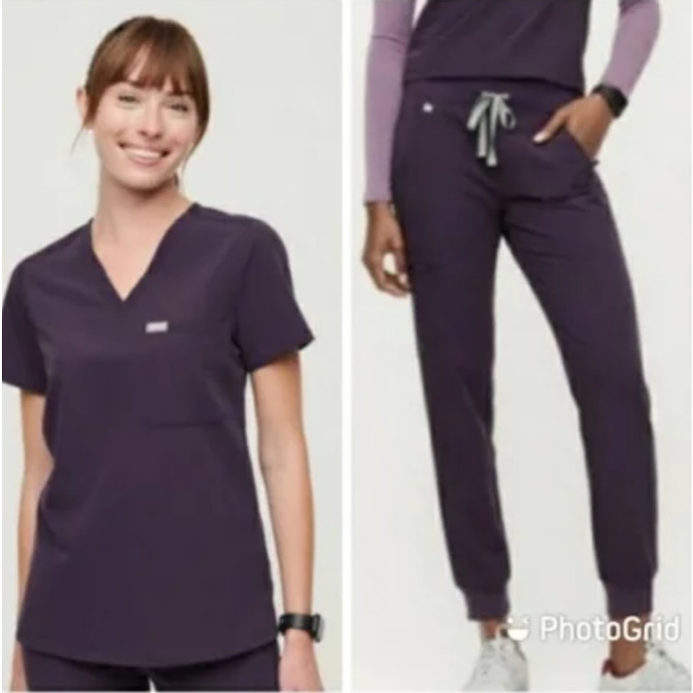 Figs set purple shadow Catarina one pocket top Zamora jogger scrub bottoms GUC
